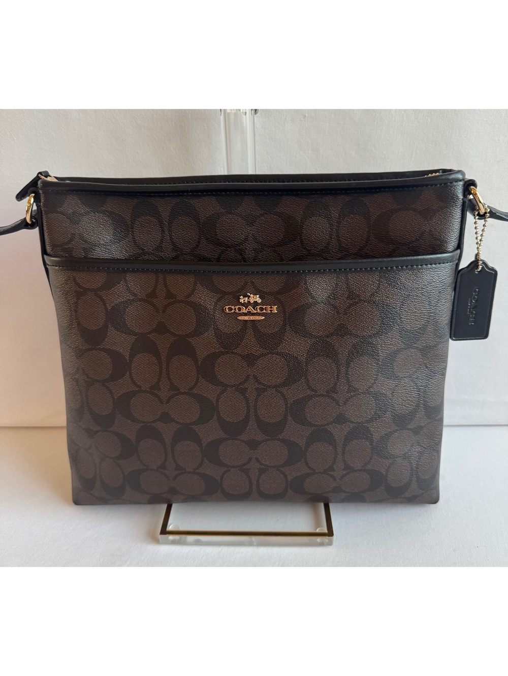 Coach C1723-F58297 Signature File Bag Crossbody Brown Black Gold Tone
